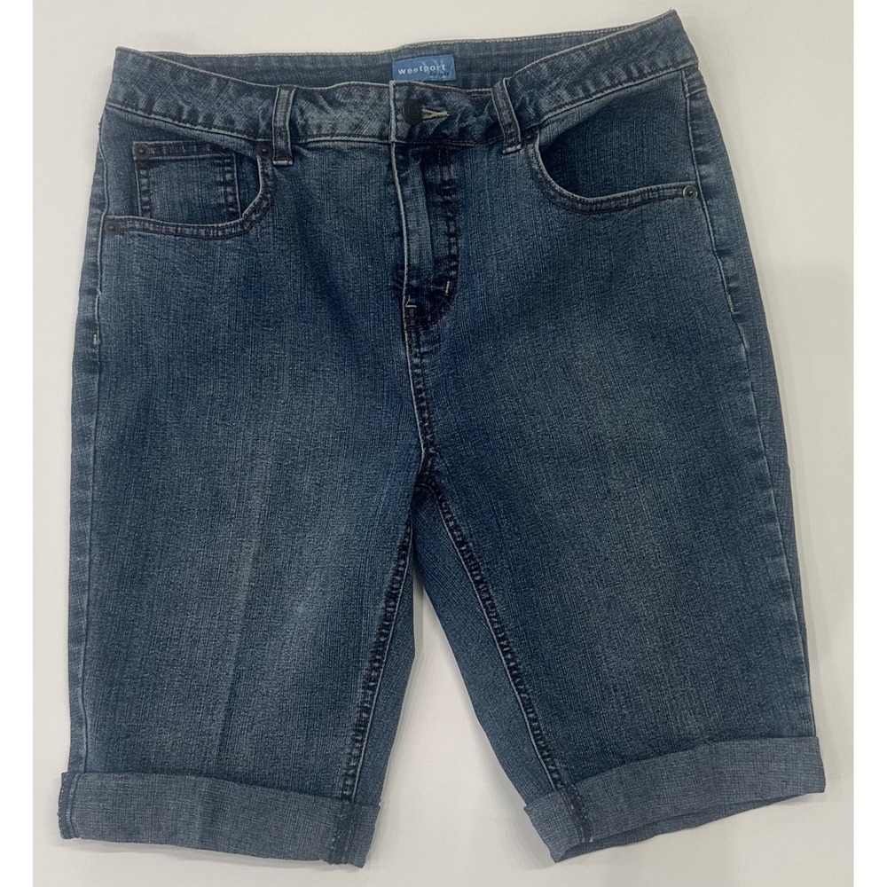 Westport Womens Denim Bermuda Shorts Medium Wash Cuffed Stretch Size 10
